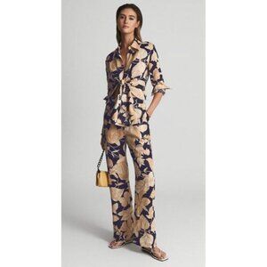 Reiss Women's Sz M Leo Printed Wide Leg Linen Trousers Pants Navy Cream Floral